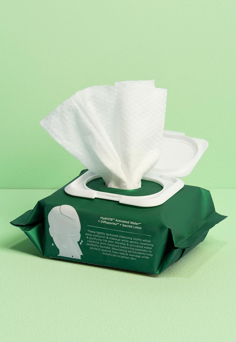 Green cleansing wipes package with tissues