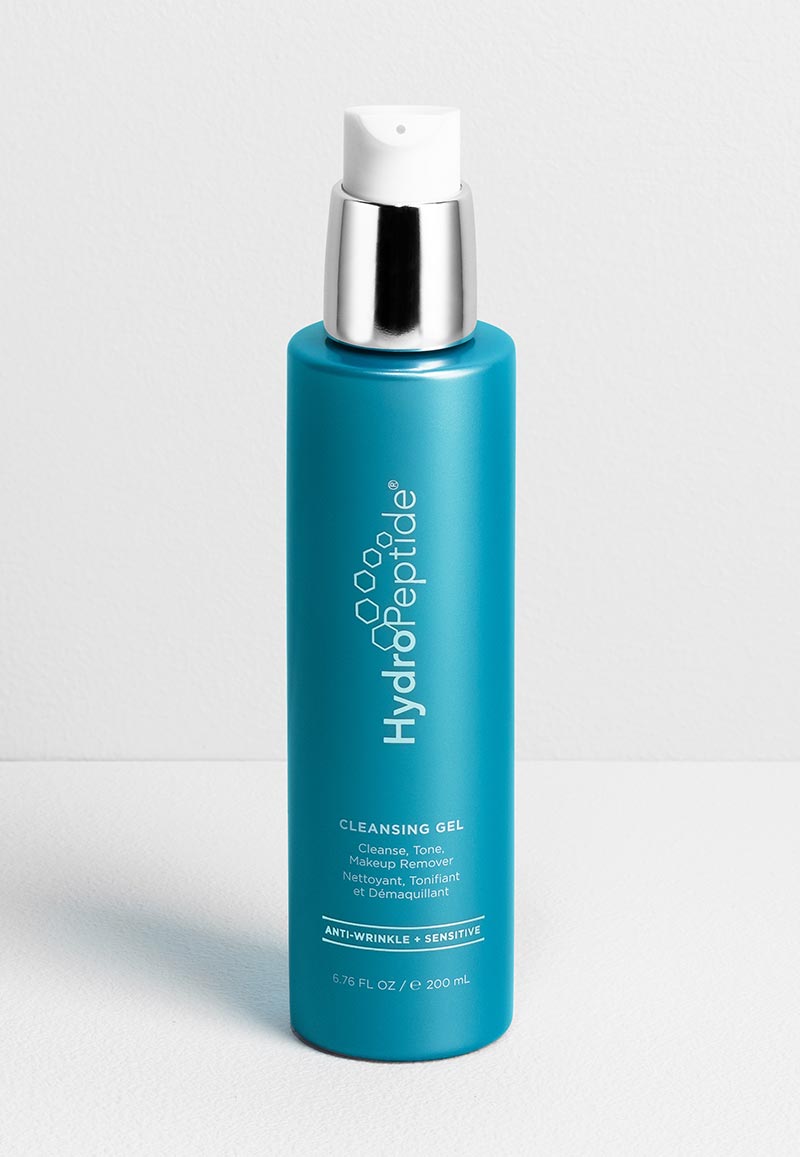HydroPeptide Cleansing Gel in a tall blue pump bottle