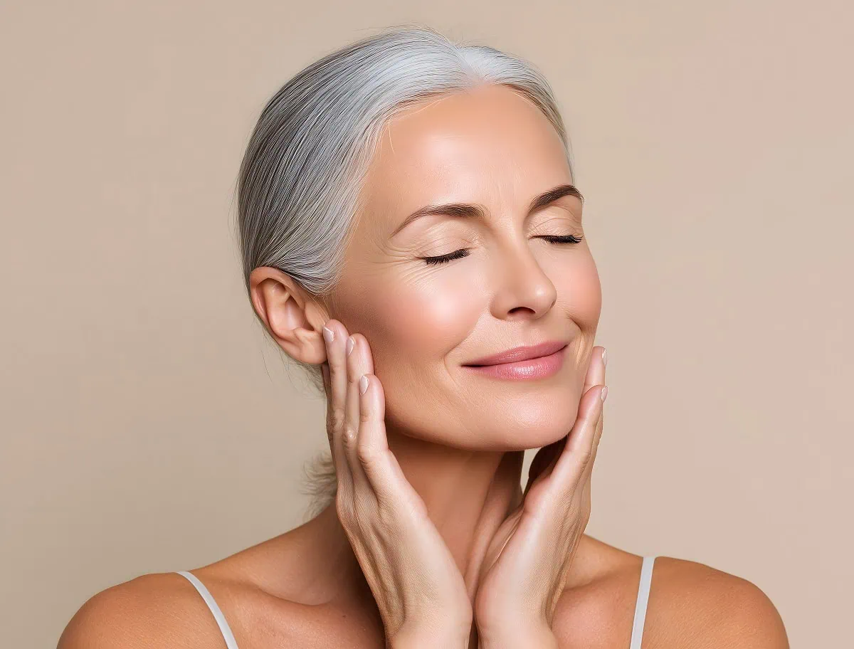 Smiling mature woman with silver hair touching her healthy, glowing skin.