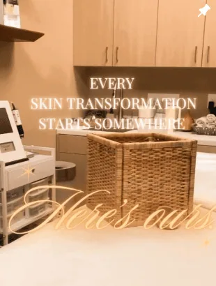 A wicker basket on a treatment bed in a skincare clinic with text overlay saying "Every skin transformation starts somewhere."