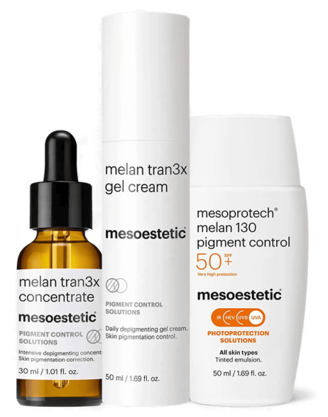 Mesoestetic melan tran3x pigment control products: concentrate, gel cream, and SPF 50+.